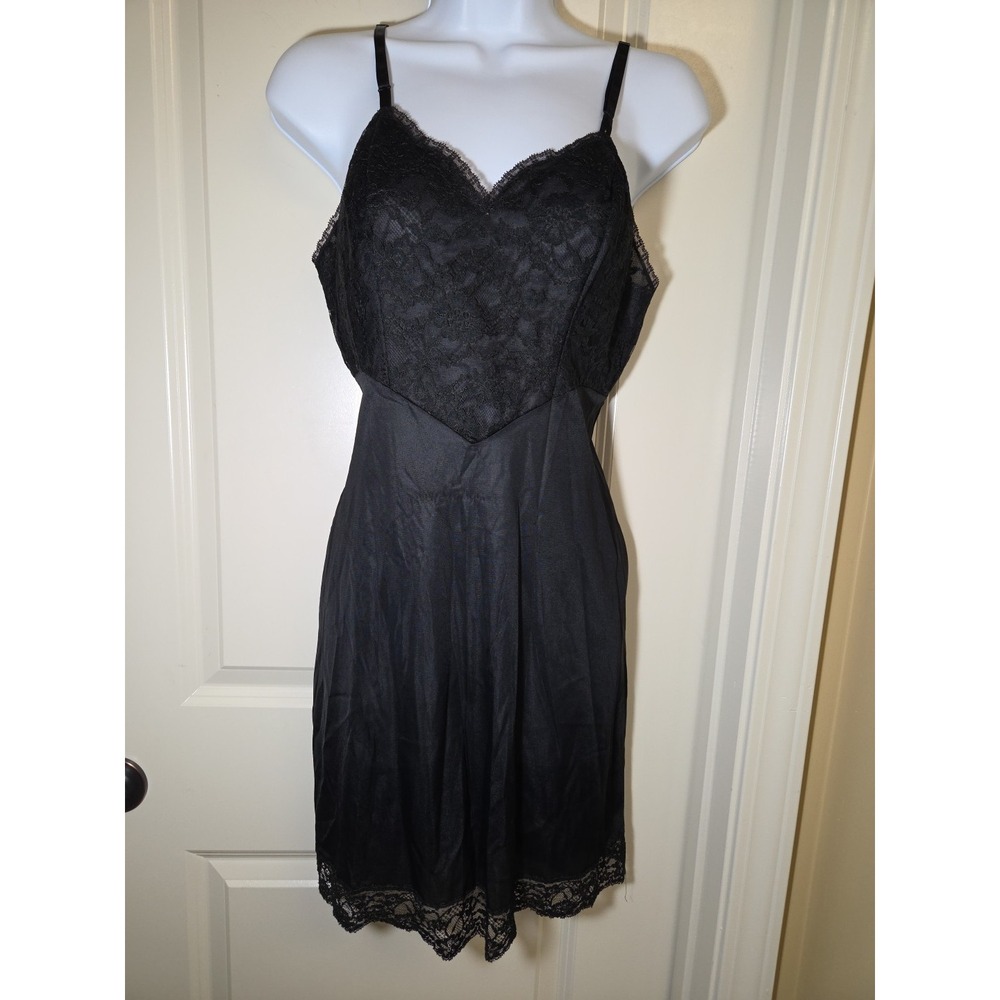 Vtg 1960s Vanity Fair Tricot Nylon‎ Lace Bodice Black Slip Dress Size 32 Short - Picture 2 of 11